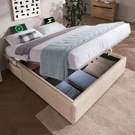 Lit double capitonné 140×200 cm, cadre de lit coffre avec port USB-C et sommier à lattes, sans tête de lit, lin, naturel (1/5)