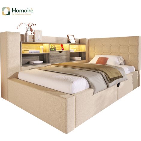 Cadre de lit beige en tissu avec rangement et port USB 203 x 108 x 86 cm HOMAIRE (1/5)