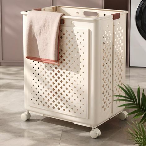 Panier Linge Pliable Blanc 37x29x48cm avec Poulies (1/5)