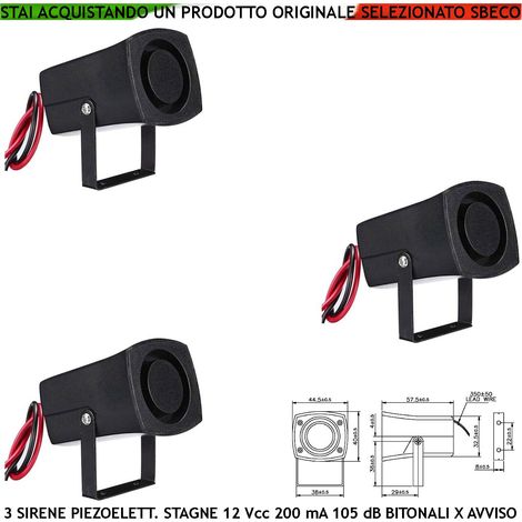 Avviso Pericolo Bici Sirena Piezoelettrica Stagna 12 Vcc 3 Pezzi Assorbimento 200 mA Pressione Acustica 105 dB a 1 Metro Frequenza 1500/4000 Hz Utile Allarme Furto Auto Moto Barca Staffa di Fissaggio (1/2)