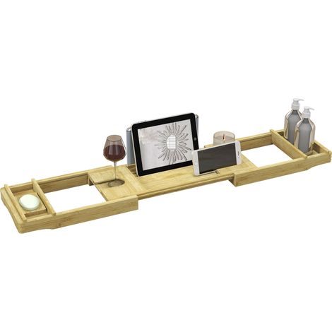 Ausziehbares Bambus-Badewannentablett 75-109 cm, mit Becherhalter und Seifenschale, elegantes Design für Badezimmeraccessoires, praktische und robuste Aufbewahrung.