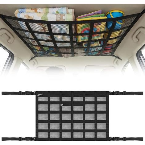 Filet de Rangement pour Toit Voiture, 90×65cm Filet de Rangement Toit et 2 Poches Zippées, Filet à Bagages Universel (1/5)