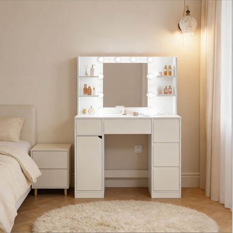 Tocador 110/140/40 cm blanco con espejo, LED, enchufes y amplio espacio (1/5)