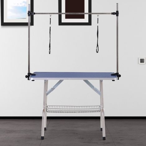 Tavolo da toelettatura regolabile per cani e gatti con cestello, 107 x 60 x 170 cm, blu (1/5)