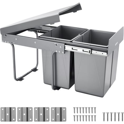 VEVOR Poubelle coulissante pour armoire de cuisine, collecteur de dechets sous evier 20 L x 2, conteneur a dechets sous montage avec systeme coulissant a extension complete en metal robuste et poignee