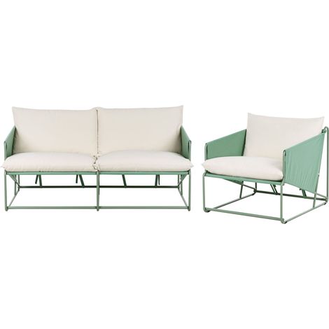 Set divano e poltrona bassi oversize in metallo con cuscini verdi Ponte