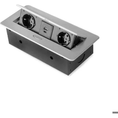 emuca multiconector para escritorio atom 26 lite, 225x111mm, 2 enchufes tipo schuko, 1 usb tipo a, 1usb tipo c, zamak-acero-plástico, gris metalizado
