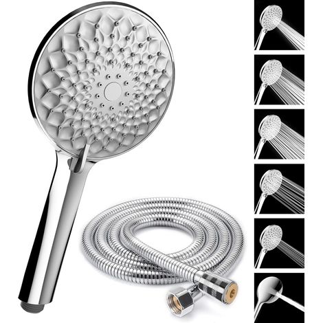 ZOLGINAH Pommeau de douche + flexible 2M, kit douche avec 6 jets économiseurs d'eau et bouton d'arrêt, pomme de douche haute pression en inox (1/5)
