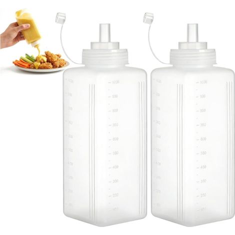 Bouteille à Sauce Squeeze 1000ml 2PCS- Sauce Distribuée en Plastique Avec Etiquettes et Brosse - Flacon Doseur Pratique pour Ketchup, Huile, BBQ et Plus (1/5)