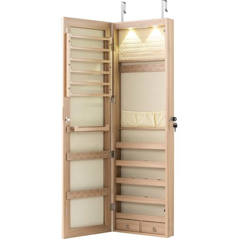 Armadio portagioie con specchio in legno a parete con LED interno 35,5x10x120cm Naturale (1/5)
