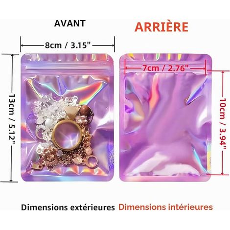 Sachet Holographique Refermable, Sac Alimentaire, Sachet Zip Aluminium, Sac Pochette Plastique Hermetique pour Emballage et Stockage (Rose Holographique, 8x13cm) (1/2)