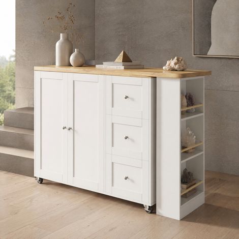 Mobile cucina isola mobile girevole a 360°, 135-203 x 39 x 106 cm, 3 cassetti, bianco DESVIAE (1/5)
