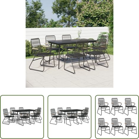 Gartenstuhl - 7-tlg. Garten-Essgruppe Schwarz PVC-Rattan (1/5)