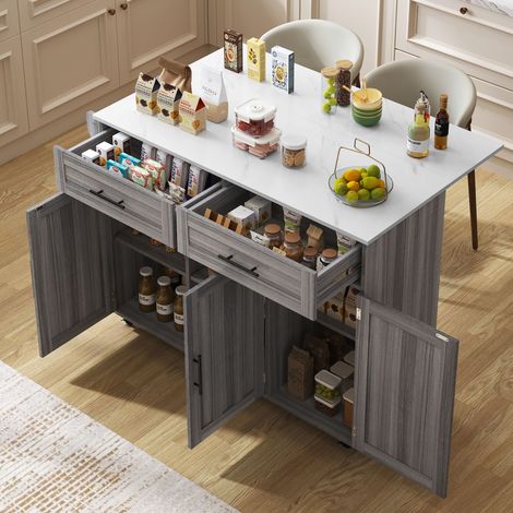 Îlot central de cuisine extensible Gris,Desserte Cuisine avec 2 tiroirs,plan de travail,sur roulettes,129x46(71)x91.5cm (1/5)