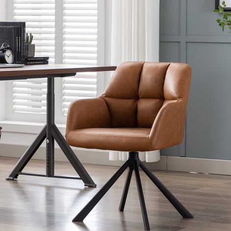 Wahson Poltrona da Salotto in Ecopelle Sedia da Ufficio Girevole, Poltroncina Imbottita Non Regolabile con Schienale con Braccioli Sedie Moderne per Studio/Computer, Marrone (1/5)