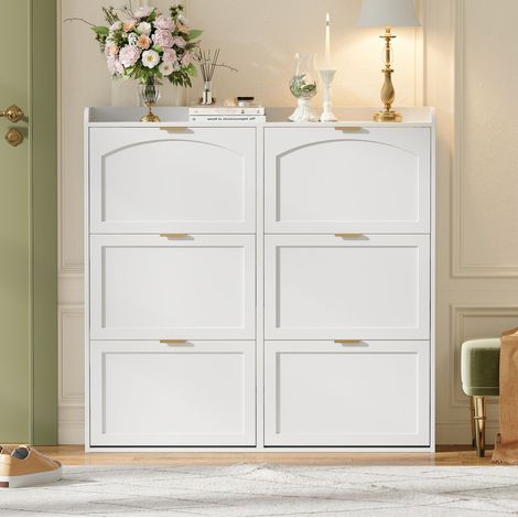 Zapatero 120x23x118 cm blanco en MDF y tablero de partículas con 6 puertas abatibles (1/5)
