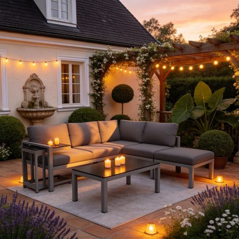 Outdoor garden terrace lounge sofa set, garden furniture for 4-5 people with side table and coffee table, corner sofa, all-weather lounge furniture, grey
