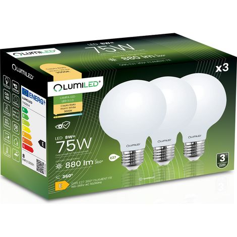 3x LED-Lampe E27 Kugel G95 8W = 75W 880lm 3000K Warmweiß 360° Glühfadenbeleuchtung