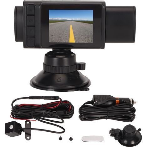 Cámara para coche de 3 canales y 1080p con pantalla IPS de 2 pulgadas, visión frontal y trasera, vigilancia del habitáculo, aparcamiento, visión nocturna, detección de movimiento, color negro. (1/5)
