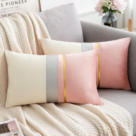 JSSEVN - Pink Patchwork Cushion Covers with Gold Striped Leather, 30 x 50 cm Rectangle Velvet Pillowcases for Sofa, Bedroom, Living Room, Farmhouse Decor, Set of 2 (1/5)