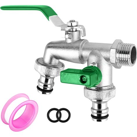 Robinet de jardin, Robinet à double Sortie 1/2", Robinet Jardin avec 2x sorties 3/4", 1x ruban d'étanchéité à rouleaux,résistant à la rouille et au gel pour tuyau d'arrosage (1/5)