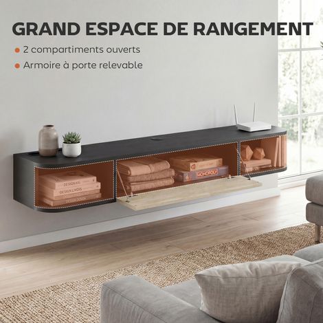 Meuble TV Suspendu 120 cm, Meuble télé jusqu'à 50 Pouces, Porte Rabattable, 2 Étagères Ouvertes et Passe-câbles, Noir (1/5)