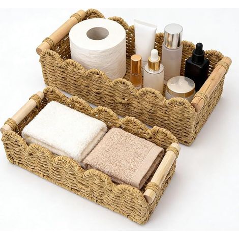 Lot de 2 paniers de rangement tressés avec poignées en bois, paniers de rangement pour papier toilette, décoration, table à langer, panier pour salle de bain, cuisine, salon, bureau (marron) (1/5)