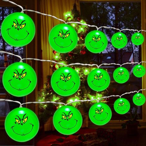 Lumière de Noël Grinch, 20 LED, 10 pieds, fonctionne sur piles, guirlande décorative festive pour sapin et intérieur, vert et blanc, sans fil. (1/4)