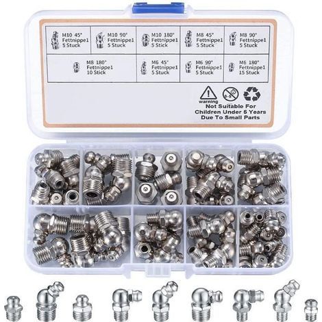 60 Pièces graisseur a Visser, Assortiment Graisseur M6 M8 M10, Droit Graisse Raccord 45° 90° 180°, avec Boîte en Plastique, pour Équipement Mécanique, Embout de Graissage Fixations (1/4)