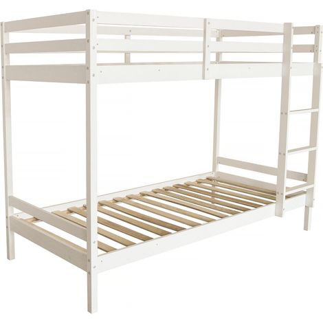 Habitat Et Jardin – Lit superposé enfant 90 x 190 cm – Bois de pin blanc – Barrière de sécurité – 2 places – Design moderne