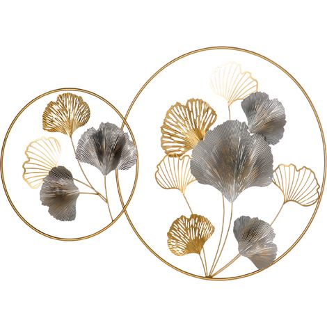 Décoration murale 3D métal Ginkgo deux cadres ronds or argent 102x66.2cm