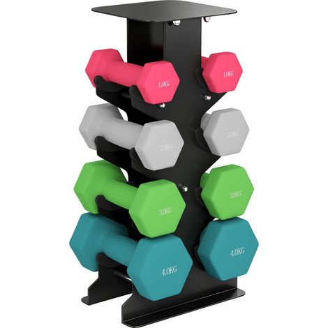 SPORTNOW juego de mancuernas de 8 piezas 20 kg, mancuernas hexagonales 2x1kg, 2x2kg, 2x3kg, 2x4kg, con soporte para entrenamiento en casa gimnasio