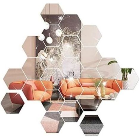 Lot de 36 miroirs autocollants muraux hexagonaux en acrylique pour décoration de salon, chambre à coucher (Argent) (1/4)