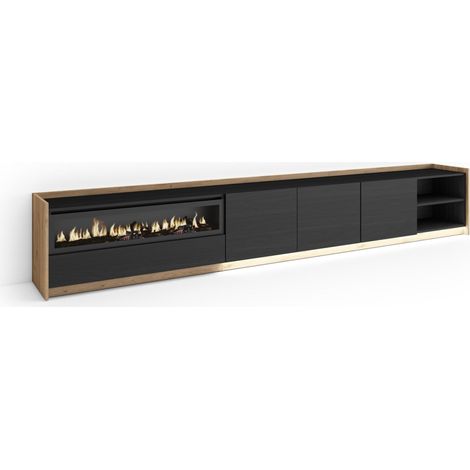 Skraut Home - Mueble TV, Televisión, Muebles de salón, almacenaje, 310x37x50cm, Para TV hasta 80", Chimenea eléctrica, LED, Estilo Moderno, Negro y roble (1/5)