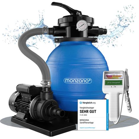 MONZANA® Sandfilteranlage Pool Selbstansaugend 10.200L/h 450 Watt 2in1 Adapter Ø32mm – 38mm Wassertester Ph Chlor 7-Wege Sandfilterpumpe Poolfilter Filteranlage (1/5)