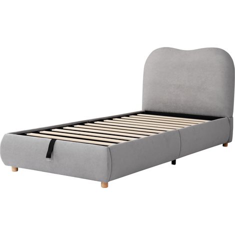 Cama infantil con canapé 90 x 200 cm de lino gris con somier y cabecero capitoné (1/5)