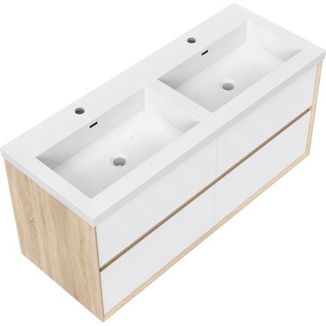 Meuble salle de bain suspendu 120 cm Blanc et Chêne, 4 tiroirs avec vasque
