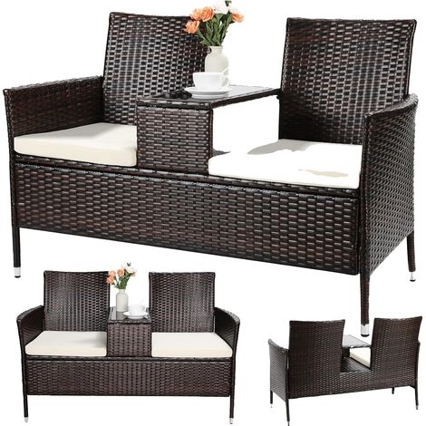 Canapé de jardin, deux places, matériau en polyrattan, Coussin marron-beige (1/2)