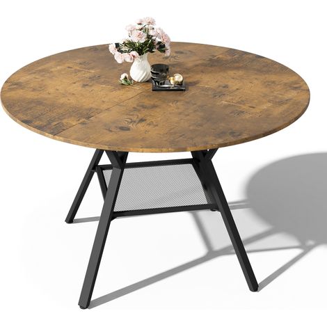 Mesa de Comedor Redonda 120 cm Bealife Tablero de Madera con Estructura Metálica Estantes de Almacenamiento en la Parte Inferior Capacidad para 6 Ppersonas Vintage