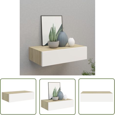 The Living Store Wandregal mit Schublade Eichen-Optik und Weiß 40x23,5x10 cm MDF - Wandregal - Regal Mit Schublade - Eichene Optik - Weißes Regal - Wohnzimmer Möbel (1/5)