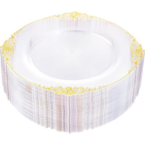 25 assiettes en plastique, roses avec finition dorée, jetables, pour fêtes, mariages et anniversaires (1/5)