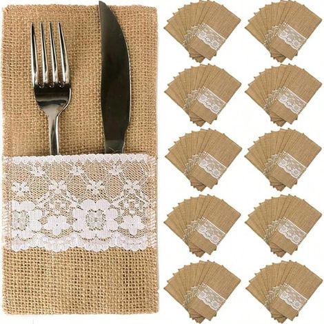 Lot de 10 pochettes porte-couverts en toile de jute naturelle, taille 4x8,5 pouces, avec dentelle, porte-couverts pour serviettes, pour la mise en place de tables de mariage et de réceptions (1/5)