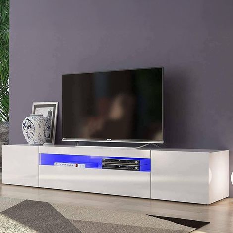 Dmora Mueble para TV para salón, Made in Italy, mueble para TV con 3 puertas y estantes, cm 200x40h37, color blanco brillante, con luz LED azul, con embalaje reforzado (1/4)