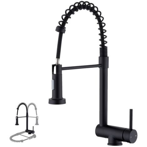 Mitigeur de Cuisine Noir pliable à ressort avec douchette 2 Jets, Robinet de Cuisine d'Evier Rabattable Rotatif à 360° en Inox 304