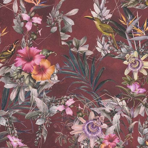 Blumen Tapete Profhome 381785 glatte Vliestapete ohne Struktur mit floralen Ornamenten matt rot oliv-grün rosa orange-gelb 5,33 m2