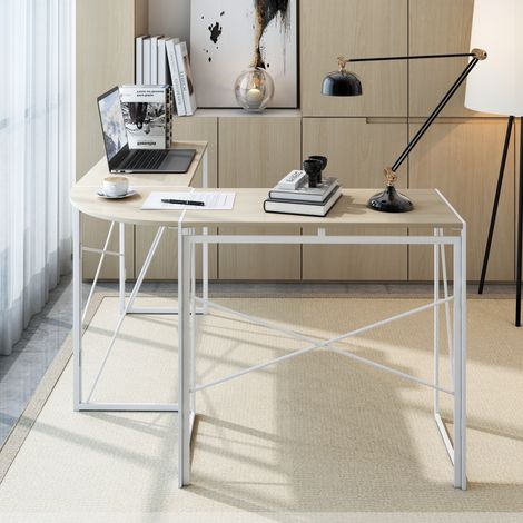 Bureau d'angle en L 118 x 118 x 74,5 cm, bureau ordinateur blanc et bois avec structure métal, table de travail pour maison, bureau, gaming et étude (1/5)