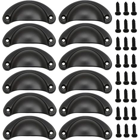 12 Tiradores de puerta con forma de concha, tiradores retro, tiradores tradicionales en forma de media luna con tornillos, para cajones, armarios y cómodas (negro) - Crezuo