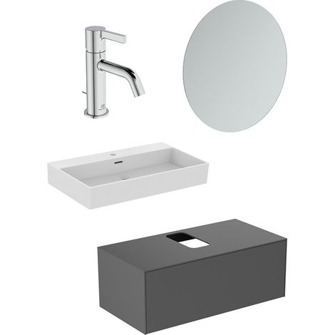 Ensemble IS05 Conca avec lavabo, meuble sous-vasque WT en anthracite, miroir et bras.