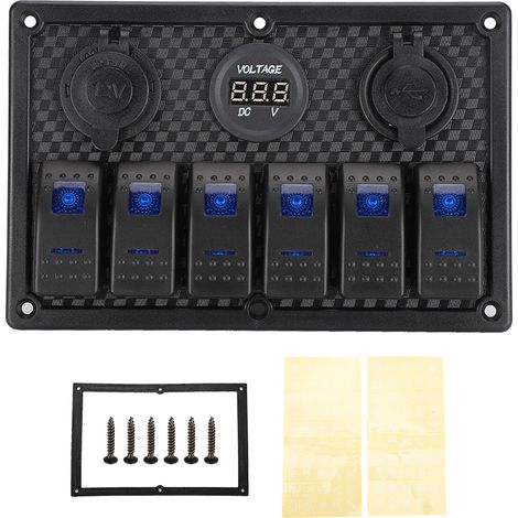 12V-24V Panneau 6 Interrupteurs à Bascule avec Prise Allume-Cigare 2 Ports USB Voltmètre pour Voiture Bateau Camion Camping-car (1/5)