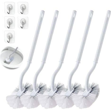 Lot de 5 brosses WC avec 5 crochets adhésifs - Brosse WC avec nettoyeur de bords, brosse WC courbée avec long manche - Brosse WC avec poils solides pour nettoyage en profondeur des coins morts (blanc) (1/5)